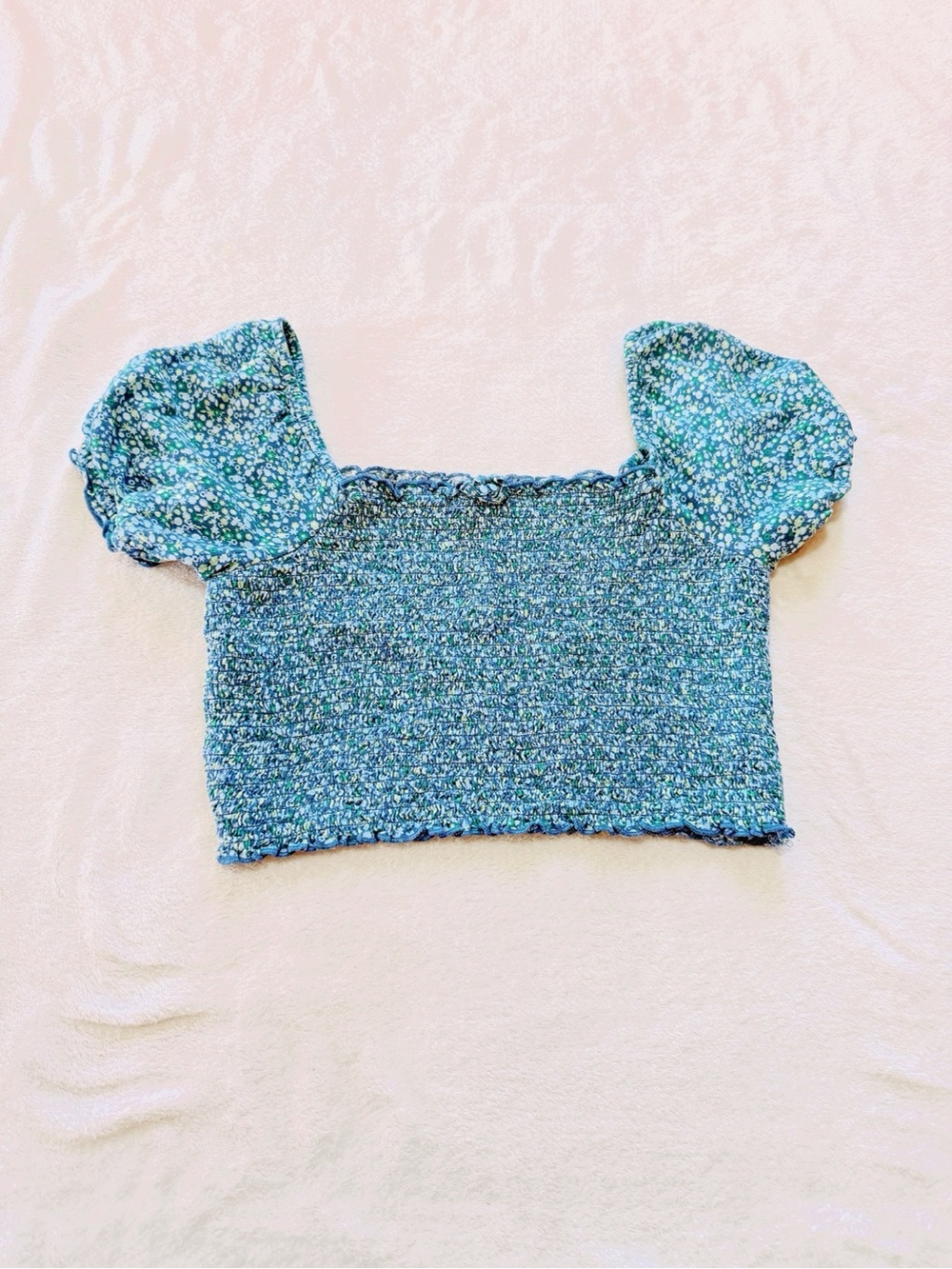 aerie Blue Smocked Crop Top with Puff Sleeves
